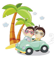 two people in a car in front of a palm tree