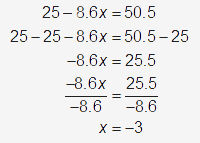 Subtract 25 from both sides, divide by -8.6, x=-3