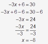 Subtract 6 from both sides, divide by -3, x=-8