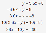 To both sides: Add -3.6x and then multiply by -10