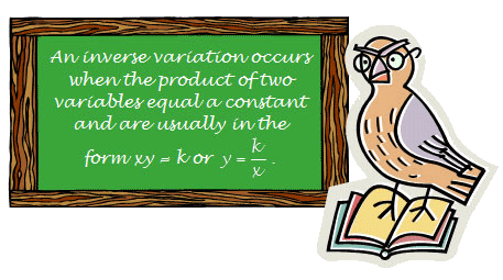 definition of inverse variation and two equations that are commonly used to represent inverse variations