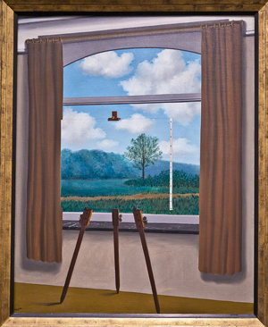 A painting of a painting on an easel in front of a window. The painting is an exact replica of what is seen through the window.