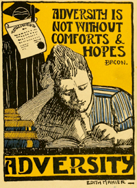 A poster drawing of a student studying. He is surrounded by the quotation “Adversity is not without comforts and hopes.”