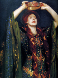 An oil painting of Lady Macbeth. She is about to place a crown on her head, and her expression is fierce and intense.
