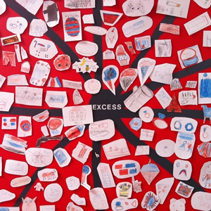 A photograph of a graphic organizer web with the word excess in the middle. There are many items represented around the center.