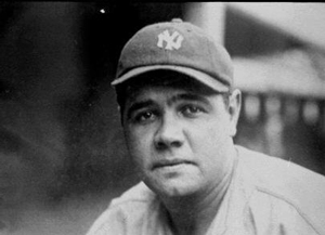 A photograph of baseball legend Babe Ruth in his New York Yankees uniform