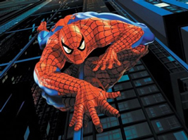 A photograph of the character Spider Man climbing up a building