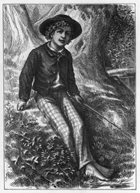A drawing of the character Tom Sawyer. He is an adolescent wearing a brimmed hat with no shoes on his feet.