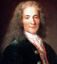 A painting/portrait of the French writer & philosopher Voltaire. He is wearing a long haired wig and formal clothing which were customary in the late 18th century.