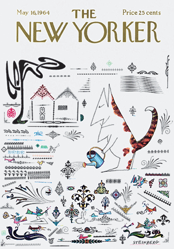 Cover of New York Times magazine with examples of work by Saul Steinberg and line drawings that appear “billowing” like the vapor trails of the stunt plane.
