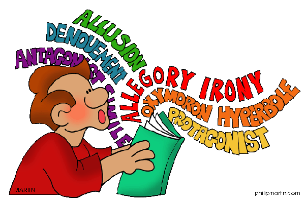 Cartoon of a boy reading with the following words flying out of the book: allegory, irony, oxymoron, hyperbole, protagonist, allusion, denouement, antagonist, simile