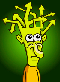 A cartoon of a person having a hard time making a decision. There are multiple arrows protruding from their head going in many directions.