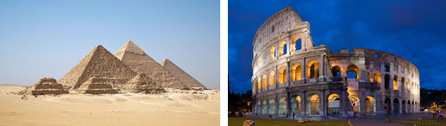 Images show the Pyramids at Giza and the Coliseum
