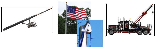 Images show a fishing pole, a flag pole, and a tow truck