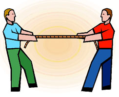 two men playing tug of war with a rope