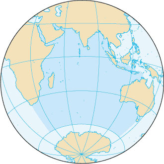 A special purpose map/globe showing the location and size of the Indian Ocean.