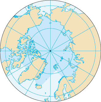 A special purpose map/globe showing the location and size of the Artic Ocean.