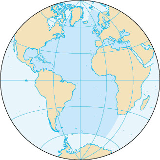 A special purpose map/globe showing the location and size of the Atlantic Ocean.