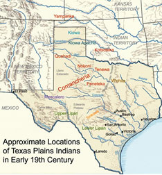 Map of Texas displaying the locations of Texas Plains Indians