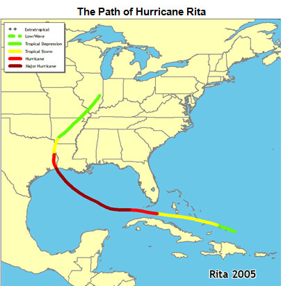 Map of southeastern United States and the path of Hurricane Rita