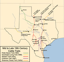 Image of a map of Texas that displays cattle trails in the late 19th century
