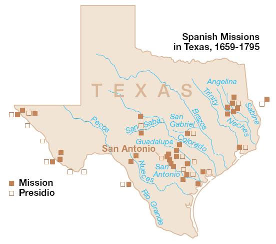 Image of a map of the state of Texas where the location of missions and presidios is located