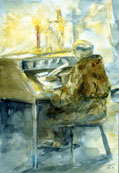 Painting of Father Franciso Hidalgo sitting at a desk writing