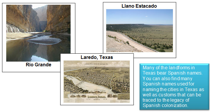 View of the Rio Grande from the view of Santa Elena Canyon, Image of Llano Estacado, and Image of a map of the City of Laredo, Texas