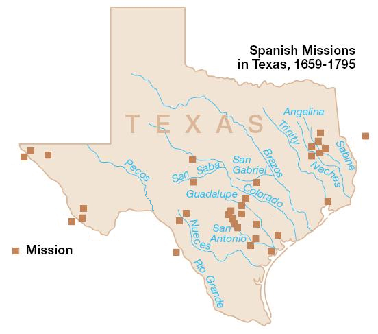 Image of a map of the state of Texas where the location of missions and presidios is located