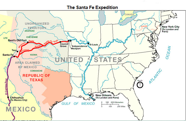 Map of the United States, which depicts the Republic of Texas and Mexico with the Route of the Santa Fe Expedition