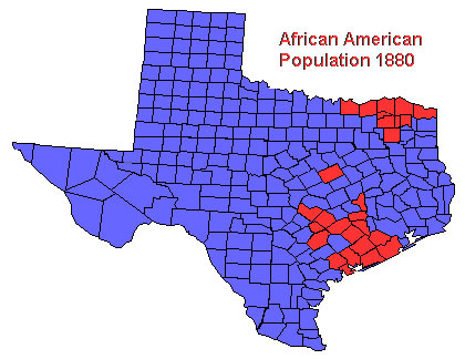 Map of the counties in the State of Texas that displays the African-American population in 1880