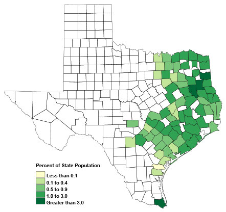 Map of the state of Texas that displays the population growth of Texas from 1850 to 2040