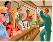 Image of an attorney presenting evidence to a jury