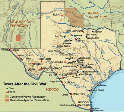 Image of a map of Texas after the Civil War that displays the location