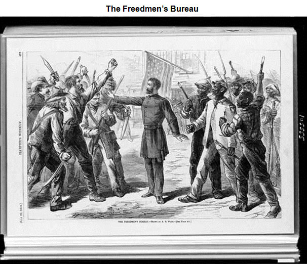 image of an angry mob of armed white men approaching a group of armed black men; a white officer in a Union uniform stops the men