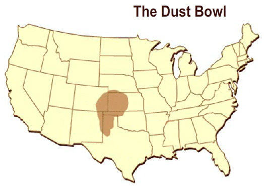 Image of map of the United States that is shaded where the Dust Bowl was located