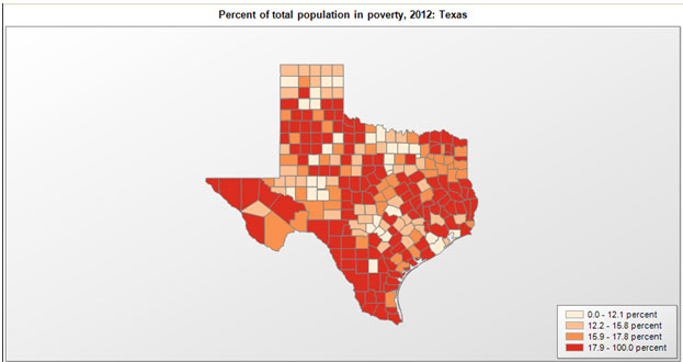 Map of Texas, divided by counties. Displaying percent of total population by county in poverty