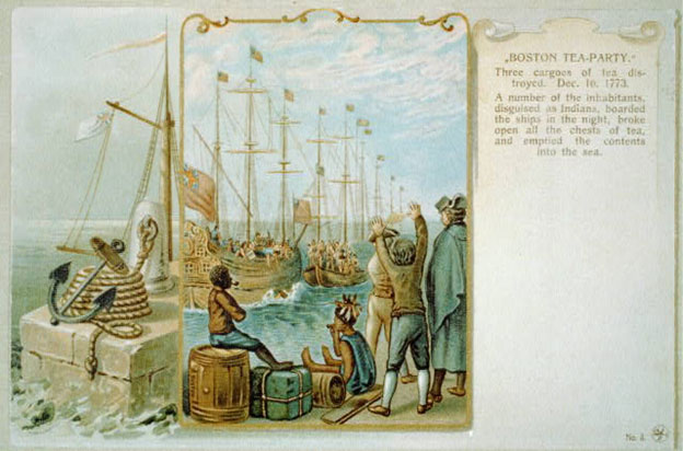 Painting depicting the Boston Tea Party; five men are sitting at a harbor, one is dressed as an American Indian. There are two ships are approaching the harbor