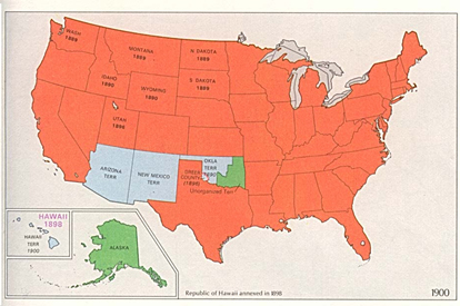 image of the a map of the U.S. map in 1900; There is an insert map of Hawaii and Alaska.