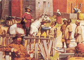 Image of John Smith and several of his men meeting with three Powhatan Indians