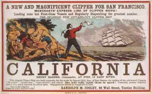 Image of a poster encouraging people to sail to California to search for gold