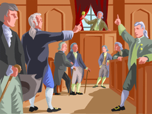 Image of several men dressed in business suits convening in a court room.