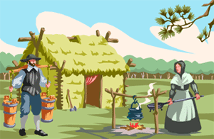Image of a colonial man carrying two barrels and a colonial woman heating a cooking element over an open fire