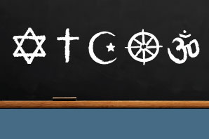 Image if a chalkboard with five symbols of different religions