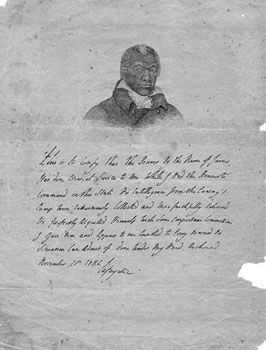 Facsimile of the Marquis de Lafayette's original certificate commending James Armistead Lafayette's service on behalf of the Continental Army during the American Revolutionary War