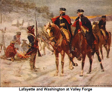 Painting of George Washington and Marquis de Lafayette on horseback at winter quarters in Valley Forge, Pa.; soldiers huddled around campfire in background