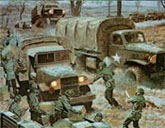 Portrait of soldiers rushing to army trucks in the European Theater in 1944