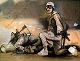 Portrait of two soldiers waiting with a wounded soldier