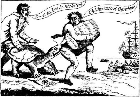 Image of cartoon with a turtle biting the backside of a man carrying a barrel as he tries to get to the port where people are leaving. 