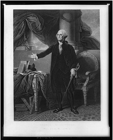 Portrait of George Washington standing with sword in hand. 